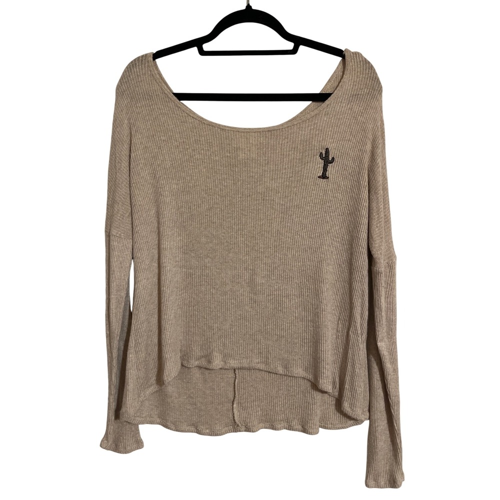 Y2K Wet Seal Beige Ribbed Knit Top Long Sleeve Cactus Casual Comfy Shirt